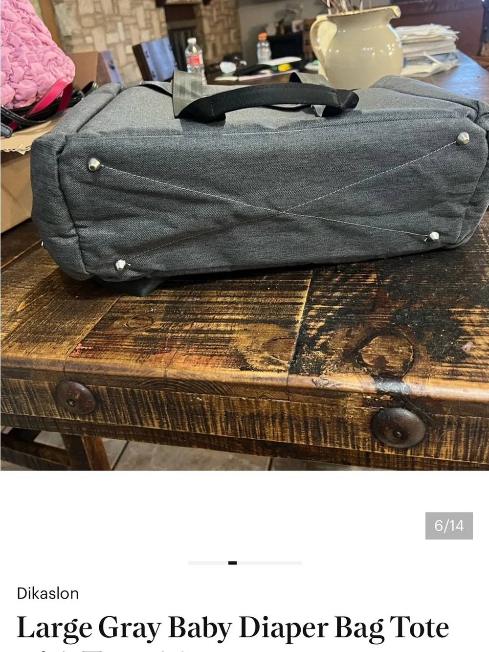 Quilted Gray Baby Diaper Bag Tote with Tassel Charm
